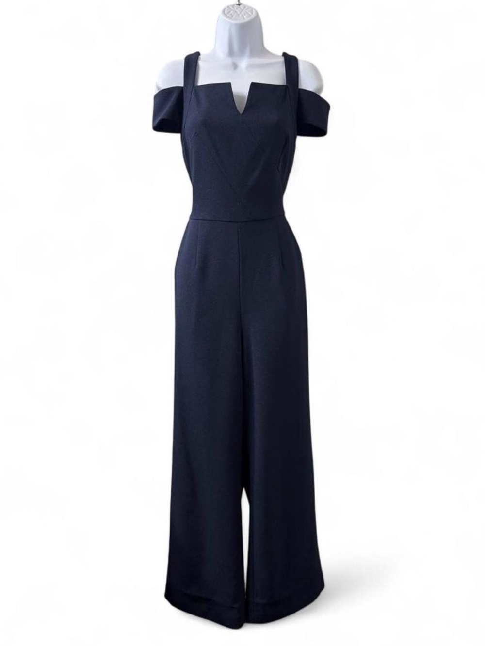 Tahari Navy Cold-Shoulder Wide-Leg Jumpsuit